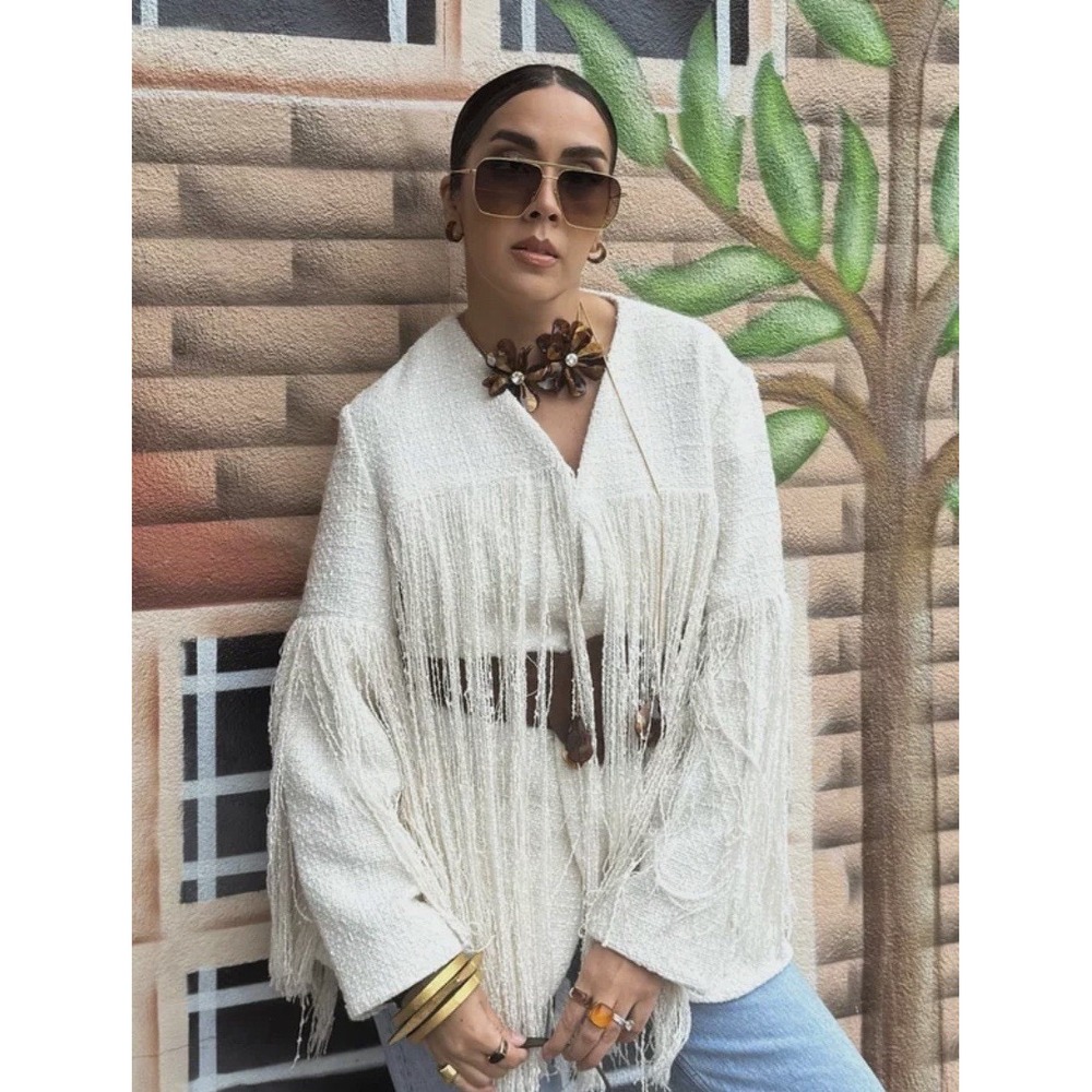 Zara Cream Tweed Textured Fringe Jacket Boho Textured Cardigan‎ 4786/303/712 M - Picture 2 of 9